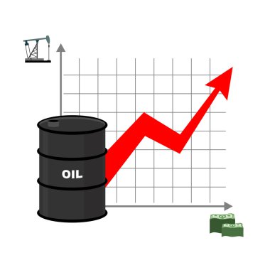 Graph of oil and dollars. Barrel with oil and bundles of cash. D