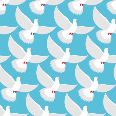 White Dove seamless pattern. Pigeons fly into  blue sky backgrou