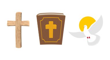  Holy Bible, wooden cross and White Dove Christian symbol set. O