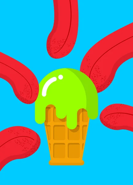 Helado con ácido. Comida medicinal. Lengua lamiendo helado adicto — Vector de stock