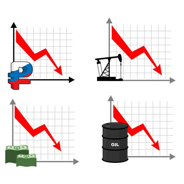 Falling rates of rouble and oil. Red down arrow. Reducing cost o — Stock Vector