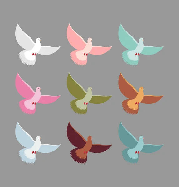 Palomas de colores. Conjunto de coloridos pájaros voladores. Paloma se eleva con victoria — Vector de stock