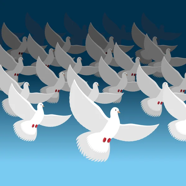 Flock of doves into sky. Blue cloud and white pigeons. flock of — Stock vektor