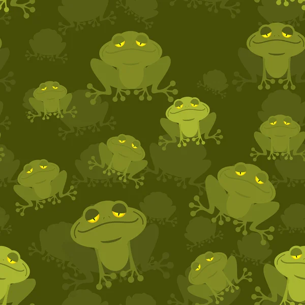 Frog seamless pattern. Green Toad in swamp. Many Amphibious anim — Stock Vector