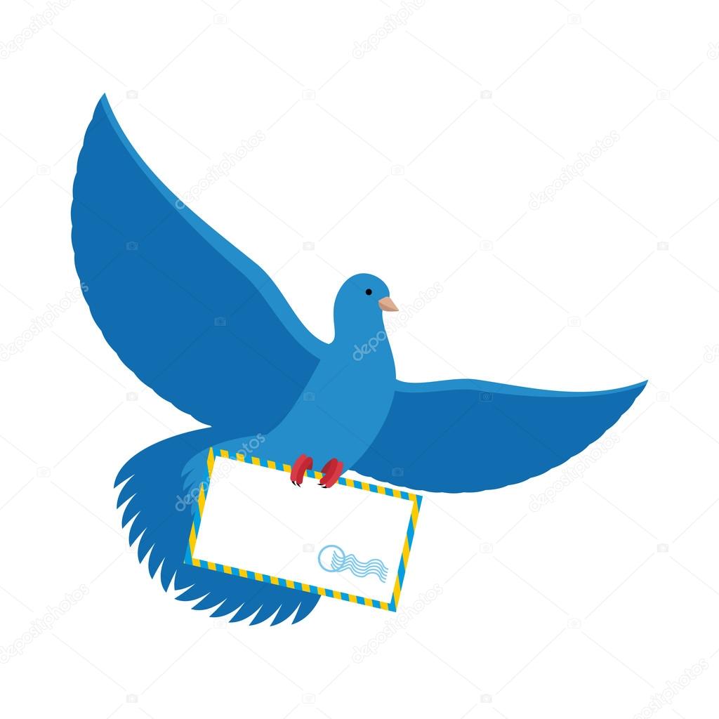 Postal pigeon. Blue Dove with envelope. Blue Bird postman carrie