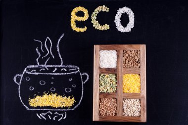 Eko tahıllar. Chalked pan.