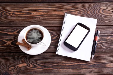 Kahve molası arka plan. Ofis masa üstü görünümü