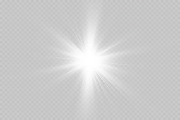 白色的光芒在透明的背景下爆炸 和雷一起明媚的阳光 明亮的闪光 特殊透镜闪光灯效果 — 图库矢量图片
