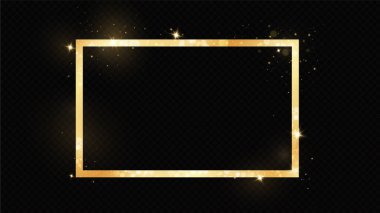  Işık efektli altın çerçeve. Parlak dikdörtgen pankart. Siyah şeffaf arka planda izole edilmiş. Vektör illüstrasyonuName