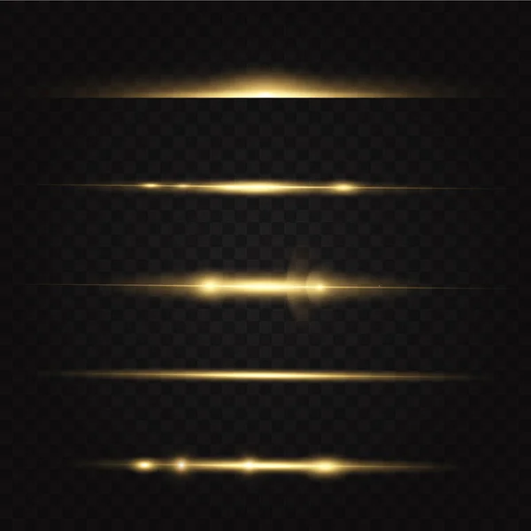 Pacote Flares Lente Horizontal Amarela Raios Laser Raios Luz Horizontais — Vetor de Stock