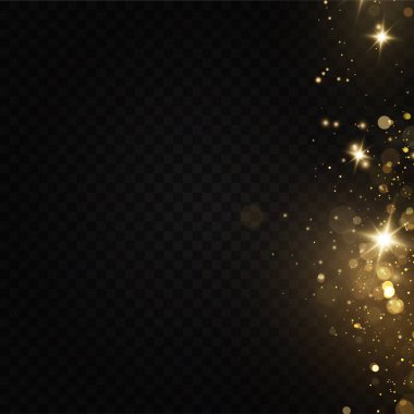 Noel ışığı etkisi. Parıldayan sihirli toz parçacıkları. Toz kıvılcımları ve altın yıldızlar özel ışıkla parlıyor.. 