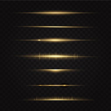 Altın yatay mercek fişekleri paketi. Lazer ışınları, yatay ışık ışınları. Şeffaf vektör ışık efekti seti, patlama, parlaklık, kıvılcım, güneş patlaması. 