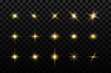 Siyah arka planda izole edilmiş parlak altın yıldızlar. Efektler, parıltı, çizgiler, parıltı, patlama, altın ışık. Vektör illüstrasyonu 