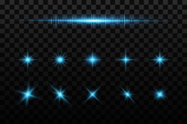 Mavi rengin vektör çizimi. Bir dizi ışık efekti. Parlamalar ve parıltılar. Parlak ışık huzmeleri. Parlak çizgiler. Vektör çizimi. Noel flaşı. 