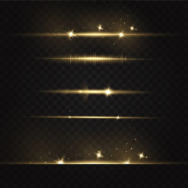 Золотые Горизонтальные Блики Лазерные Лучи Горизонтальные Лучи Света Набор Векторного — стоковый вектор