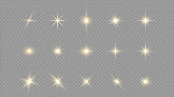 Estrellas Doradas Brillantes Aisladas Sobre Fondo Negro Efectos Deslumbramiento Líneas — Archivo Imágenes Vectoriales