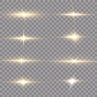Güneş doğdu. Parlayan yıldızlar. Siyah arkaplanda izole edilmiş parlak altın yıldızlar. Efektler, parıltı, patlama, altın ışık. Vektör illüstrasyonu.et. 