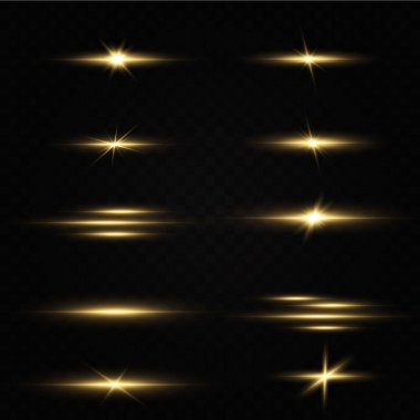Güneş doğdu. Parlayan yıldızlar. Siyah arkaplanda izole edilmiş parlak altın yıldızlar. Efektler, parıltı, patlama, altın ışık. Vektör illüstrasyonu.et. 