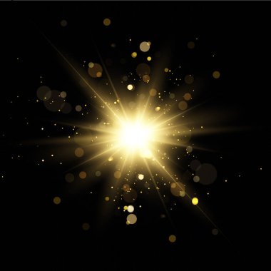 Güneş doğdu. Parlayan yıldızlar. Siyah arkaplanda izole edilmiş parlak altın yıldızlar. Efektler, parıltı, patlama, altın ışık. Vektör illüstrasyonu.et. 