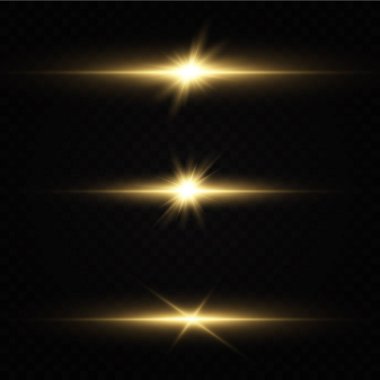 Güneş doğdu. Parlayan yıldızlar. Siyah arkaplanda izole edilmiş parlak altın yıldızlar. Efektler, parıltı, patlama, altın ışık. Vektör illüstrasyonu.et. 