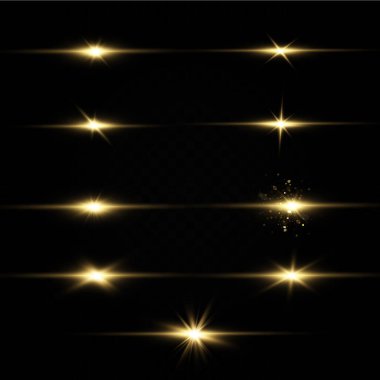 Güneş doğdu. Parlayan yıldızlar. Siyah arkaplanda izole edilmiş parlak altın yıldızlar. Efektler, parıltı, patlama, altın ışık. Vektör illüstrasyonu.et. 