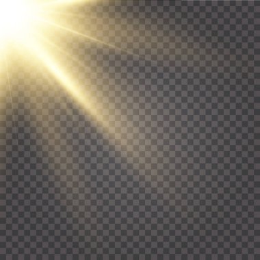 Vektör şeffaf güneş ışığı. Vektör sahnesi spot ışıklarıyla aydınlatıldı. Şeffaf arkaplanda ışık efekti