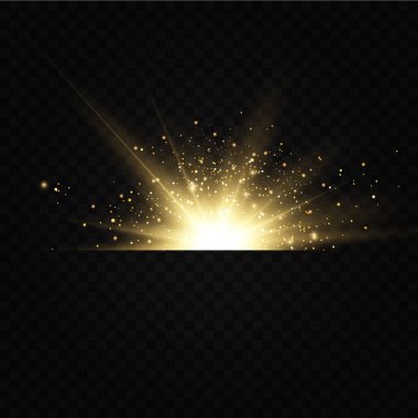 Güneş doğdu. Parlayan yıldızlar. Siyah arkaplanda izole edilmiş parlak altın yıldızlar. Efektler, parıltı, patlama, altın ışık. Vektör illüstrasyonu.et. 