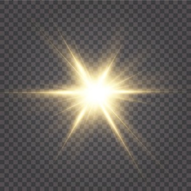 Güneş doğdu. Parlayan yıldızlar. Siyah arkaplanda izole edilmiş parlak altın yıldızlar. Efektler, parıltı, patlama, altın ışık. Vektör illüstrasyonu.et. 