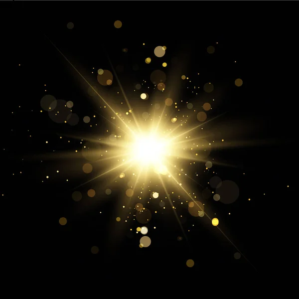 Sun Burst Shining Stars Shining Golden Stars Isolated Black Background — Stock Vector