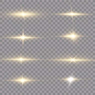 Siyah arka planda izole edilmiş parlak altın yıldızlar. Efektler, parıltı, çizgiler, parıltı, patlama, altın ışık. Vektör illüstrasyonu.et. 
