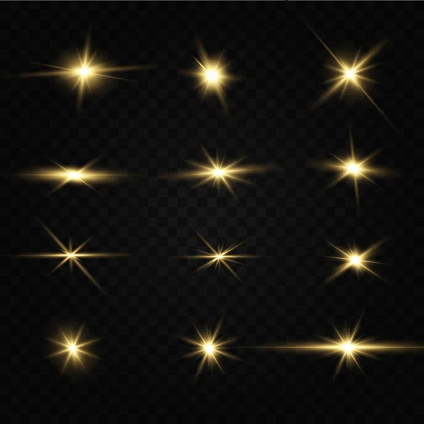 Shining Golden Stars Isolated Black Background Effects Glare Lines Glitter — Stock Vector