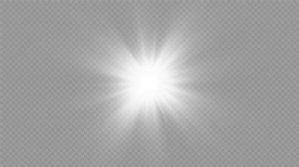 Эффект света. Яркая звезда. Свет взрывается на прозрачном фоне. Яркое солнце.