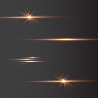 Siyah arka planda izole edilmiş parlak altın yıldızlar. Efektler, parıltı, çizgiler, parıltı, patlama, altın ışık. Vektör illüstrasyonu