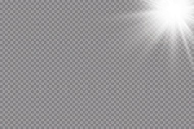 Işık etkisi. Parlak Yıldız. Işık şeffaf bir arkaplanda patlar. Parlak güneş. 