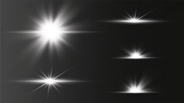 Işık etkisi. Parlak Yıldız. Işık şeffaf bir arkaplanda patlar. Parlak güneş.