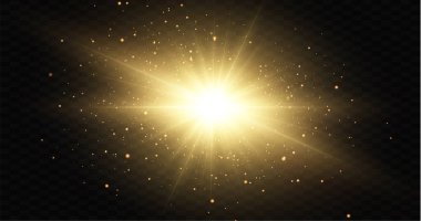 Siyah arka planda izole edilmiş parlak altın yıldızlar. Efektler, parıltı, çizgiler, parıltı, patlama, altın ışık. Vektör illüstrasyonu.et. 