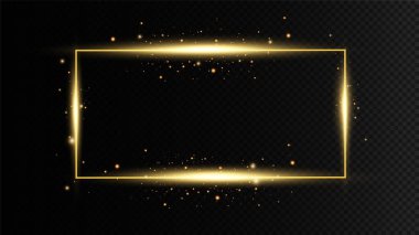  Işık efektli altın çerçeve. Parlak dikdörtgen pankart. Siyah şeffaf arka planda izole edilmiş. Vektör illüstrasyonuName