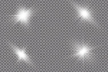 Işık etkisi. Parlak Yıldız. Işık şeffaf bir arkaplanda patlar. Parlak güneş.