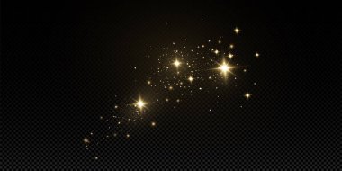 Noel ışığı etkisi. Parıldayan sihirli toz parçacıkları. Toz kıvılcımları ve altın yıldızlar özel ışıkla parlıyor..