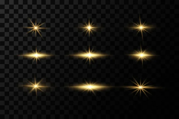 Блискучі Золоті Зірки Ізольовані Чорному Тлі Ефекти Відблиски Лінії Блиск — стоковий вектор