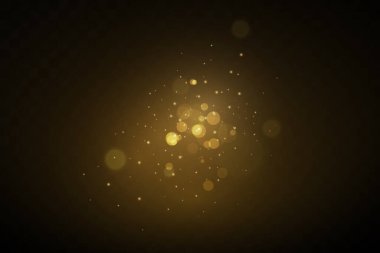 Noel ışığı etkisi. Parıldayan sihirli toz parçacıkları. Toz kıvılcımları ve altın yıldızlar özel ışıkla parlıyor..