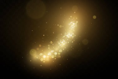 Noel ışığı etkisi. Parıldayan sihirli toz parçacıkları. Toz kıvılcımları ve altın yıldızlar özel ışıkla parlıyor..