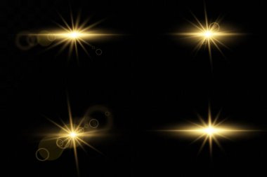 Siyah arka planda izole edilmiş parlak altın yıldızlar. Efektler, parıltı, çizgiler, parıltı, patlama, altın ışık. Vektör illüstrasyonu.et.