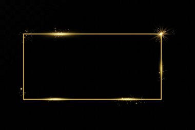  Işık efektli altın çerçeve. Parlak dikdörtgen pankart. Siyah şeffaf arka planda izole edilmiş. Vektör illüstrasyonuName