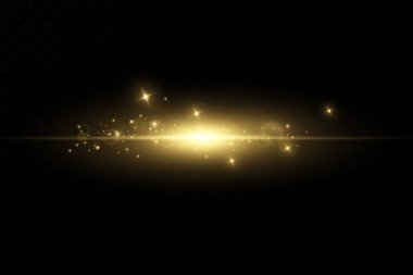 Siyah arka planda izole edilmiş parlak altın yıldızlar. Efektler, parıltı, çizgiler, parıltı, patlama, altın ışık. Vektör illüstrasyonu.et.