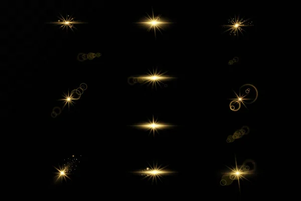 輝く金色の星は黒い背景に孤立しています グレア ライン 黄金の光 ベクトル図セット — ストックベクタ