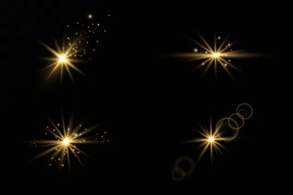 Étoiles Dorées Brillantes Isolées Sur Fond Noir Effets Éblouissement Lignes — Image vectorielle