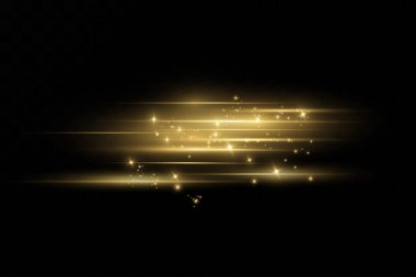 Bir dizi altın ışık efekti. Parlamalar ve parıltılar. Parlak ışık huzmeleri. Parlak çizgiler. Vektör çizimi. Noel flaşı. toz.