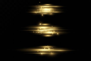 Bir dizi altın ışık efekti. Parlamalar ve parıltılar. Parlak ışık huzmeleri. Parlak çizgiler. Vektör çizimi. Noel flaşı. toz.