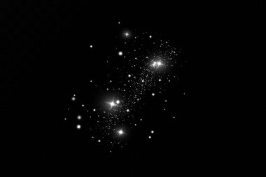 Toz kıvılcımları ve yıldızlar özel bir ışıkla parlar. Noel ışığı etkisi. Sihirli tozun ışıldayan parçacıkları. Şeffaf bir arkaplanda vektör parıldıyor..